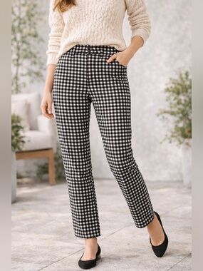 Talbots Black Buffalo Check Corduroy Pants 4P High Rise Straight Leg Stretch